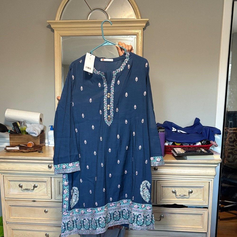 Navy Embroidered Long Sleeve Dress